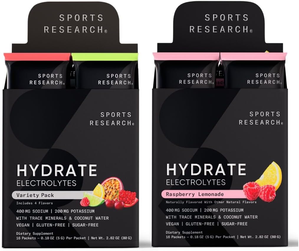Sports Research Hydrate Electrolytes Combo Pack - Χωρίς ζάχαρη & Φυσικά Γεύση με Βιταμίνες, Ορυκτά και Νερό καρύδας - Υποστηρίζει Ενυδάτωση - 32 Πακέτα - Βατόμουρο Λεμονάδα Dominant Flavor