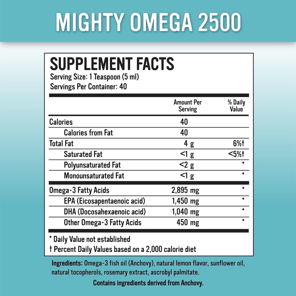 Mighty Omega 2500 Potent Omega 3 Supplement - 2500 MG EPA DHA Per Teaspoon - High Dose Omega 3 Fish Oil - South Pacific Anchovy Sourced - Triglyceride Omega 3 Fatty Acid Supplement
