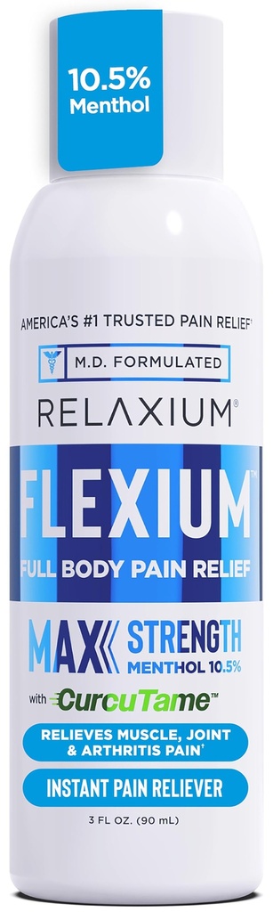 Relaxium Flexium Instant Spray for Pain, Max Strength with 10.5% Menthol & CurcuTame, Supports Muscle, Joint and Arthritis Pain Relief, 3 FL oz. (90 ml)