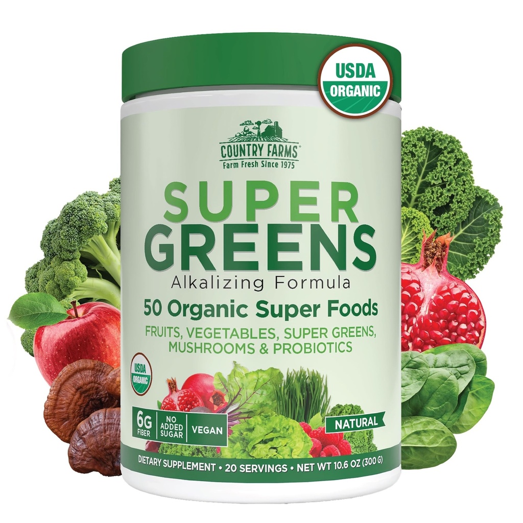 Ülke Çiftçileri Organik Süper Yeşiller Doğal Flavor, 50 Organik Süper Gıdalar, Fiber, USDA Organik İçecek Mix, Meyveler, Sebzeler, Mushrooms & Probiyotikler, Destekler Enerji, 6g Fiber Fiber Fiber