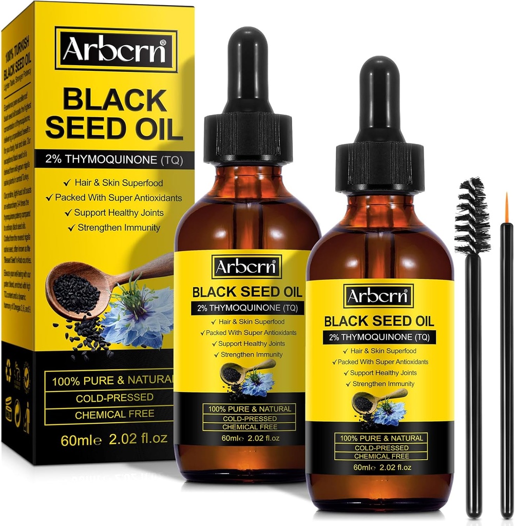2 Pack Black Seed Oil Organic Cold Pressed,% 100 Pure & Natural Liquid Black Seed Oil Cold Pressed Glass Şişe 60ML for Skin Cares, Nourishes and Hydrates Hair