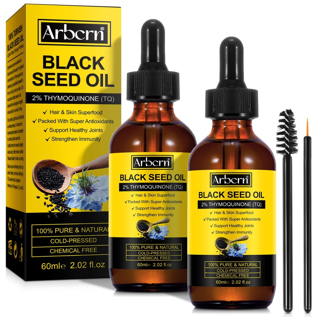 2 Pack Black Seed Oil Organic Cold Pressed,% 100 Pure & Natural Liquid Black Seed Oil Cold Pressed Glass Şişe 60ML for Skin Cares, Nourishes and Hydrates Hair