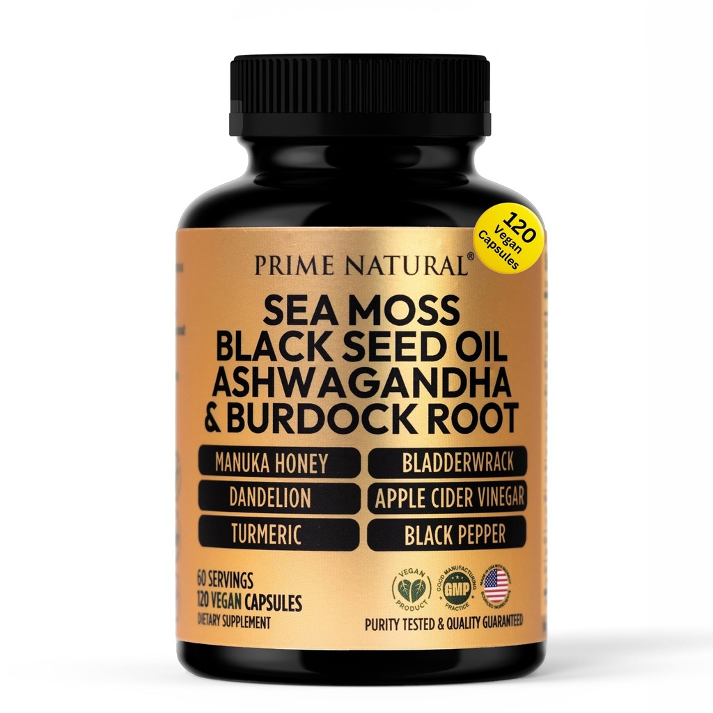 PRIME NATURAL Sea Moss 3000mg Black Seed Oil 2000mg Ashwagandha 1000mg Turmeric 1000mg Bladderwrack 1000mg Burdock 1000mg Manuka Honey Dandelion ACV - 120 κάψουλες 
