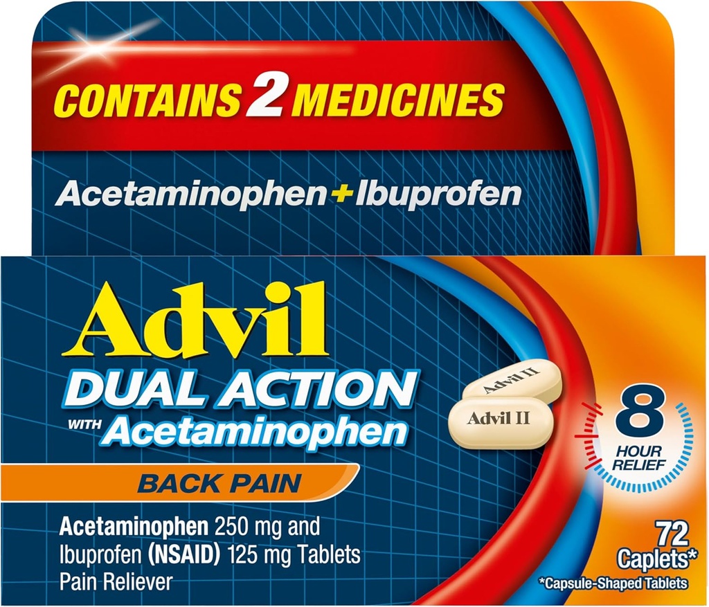 Advil Dual Action Back Pain Caplets 250 mg Ibuprofen ve 500 mg Acetaminophen Per Dose 8 Hours of Back Pain Relief - Count 72