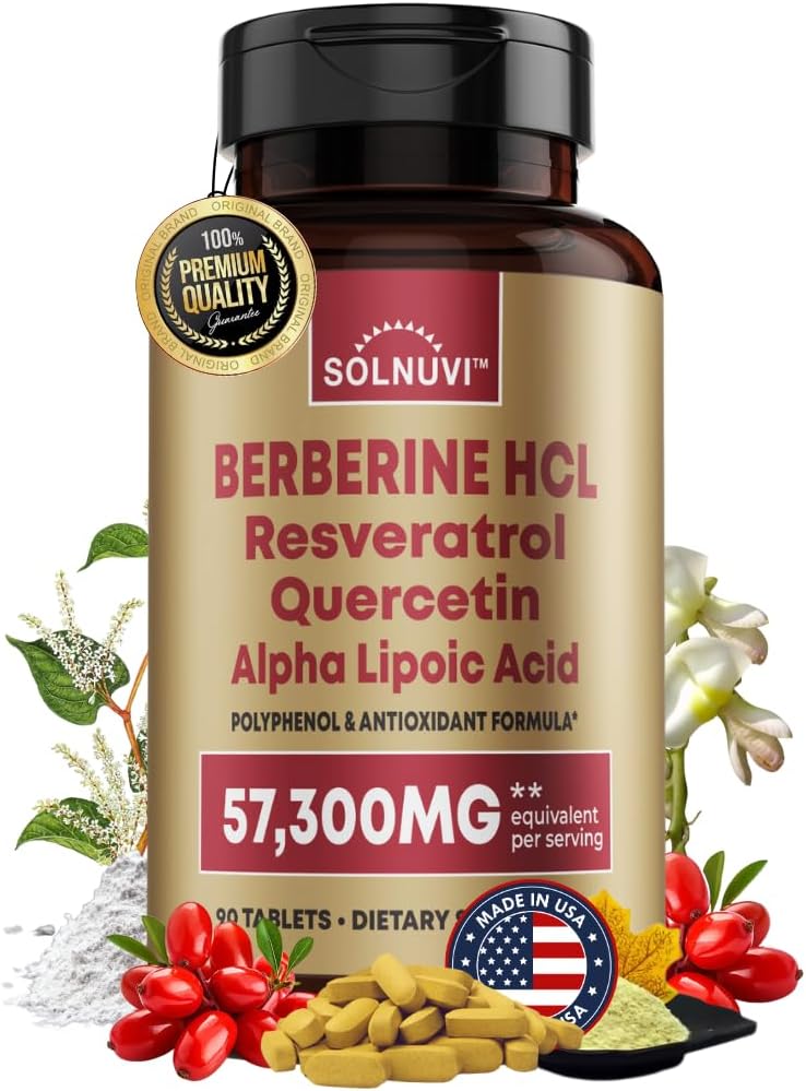 Premium Berberine Supplement with Resveratrol Quercetin Alpha Lipoic Acid - 50:1 Berberine HCl Kompleksi Antioksis, Polyols, Vitality Boost - 90 Vegan Tablet, Non-GMO, Gluten-Free-GMO, Gluten-Free