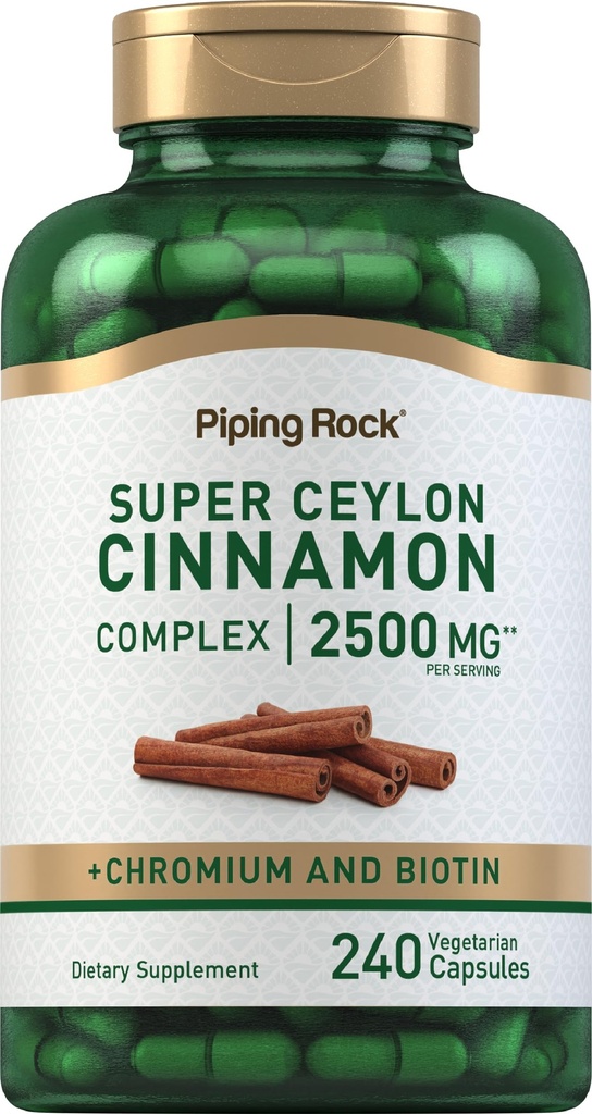 Piping Rock Super Ceylon Cinnamon Kompleksi Capsules | 2500 mg | 240 Toz Pilleri | Chromium ve Biotin | Vegetarian, Non-GMO, Gluten Free
