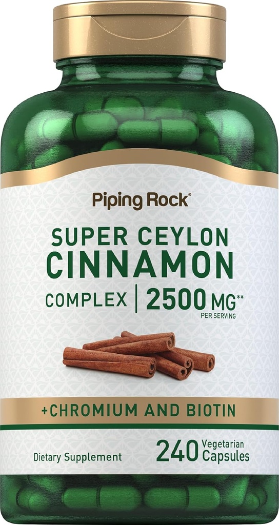 Piping Rock Super Ceylon Cinnamon Kompleksi Capsules | 2500 mg | 240 Toz Pilleri | Chromium ve Biotin | Vegetarian, Non-GMO, Gluten Free
