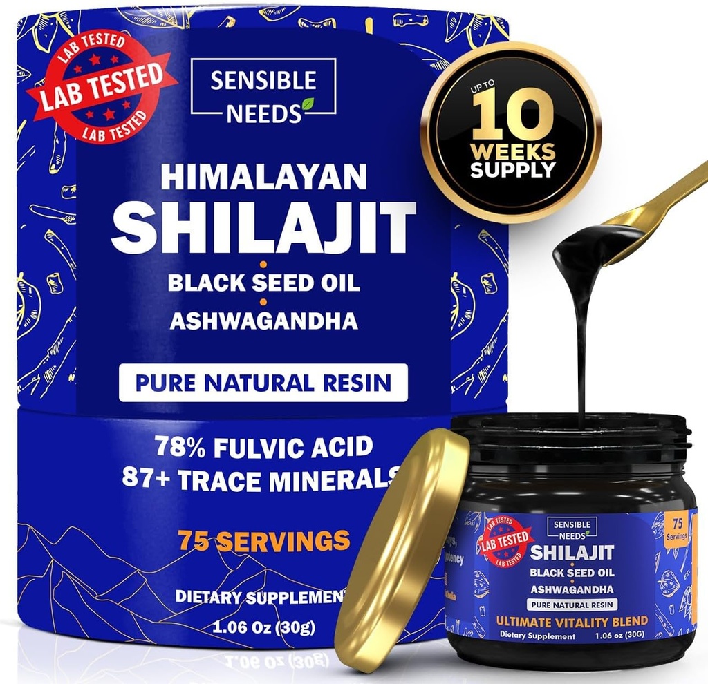 Saf Himalaya Shilajit Organik Fabrika Tamam, Siyah Tohum Petrol & Ashwagandha, Enerji, Immunity, % 78 Fulvic Acid, 87+ Trace Minerals, 400 mg