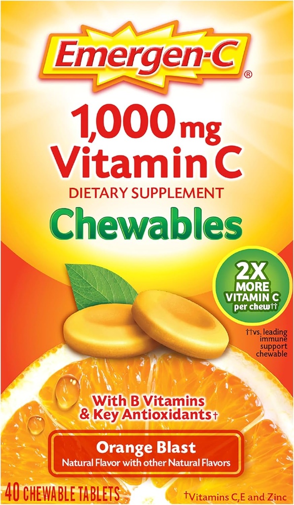 Emergen-C Chewable Vitamin C 1000 mg, B Vitaminleri ve Antioksis Tablet (40 Kont, Orange Blast Flavor), Diyet Tamamlayıcı Supplement