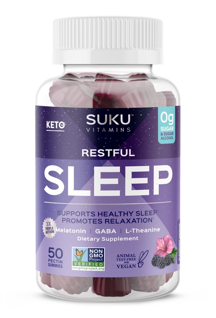 SUKU Restful Sleep Gummies – 3 mg Melatonin, L-Theanine & GABA – Vegan, Sugar-Free Chewable for Relaxation & Natural Sleep Support – BlackBerry-Hibiscus Flavor – Non-GMO, Gluten-Free – 50