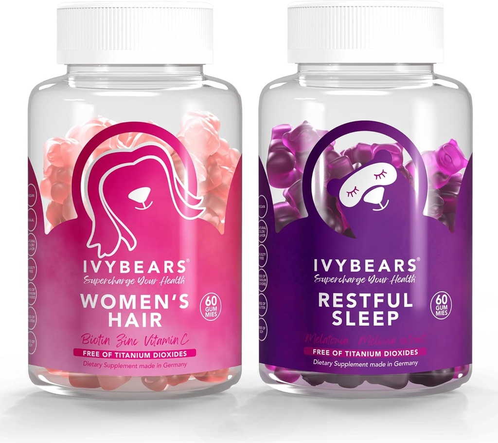 IvyBears® Hair & Sleep Gummies for Women – Biotin Saç Vitamini + Daha Hızlı – Melatonin in Relaxing Botanicals – Vegan Beauty & Sleep Support – 2Packing