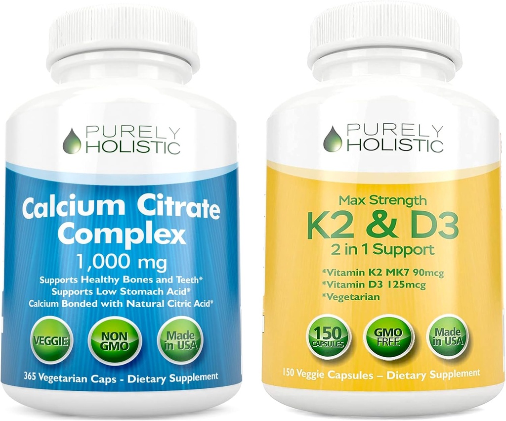 Safly Holistic Food Citrate Kompleksi 1000 mg + Vitamin D3 125mcg K2 MK7 9006 - 365 Vegan Capsules + 150 Vegetarian Capsules Sche - Made in USA