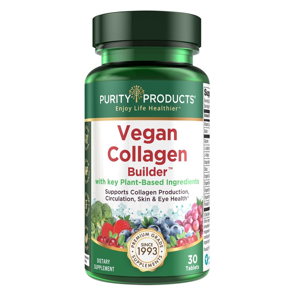 Vegan Collagen Builder - Organik Tüm Gıdalar Meyveler + Veg, Silica, Lutein, C vitamini, Biotin, Grape Tohum - Amino Asits Glycine, Lysine + Proline Collagen ATMs (30 hizmet, Tabletler)