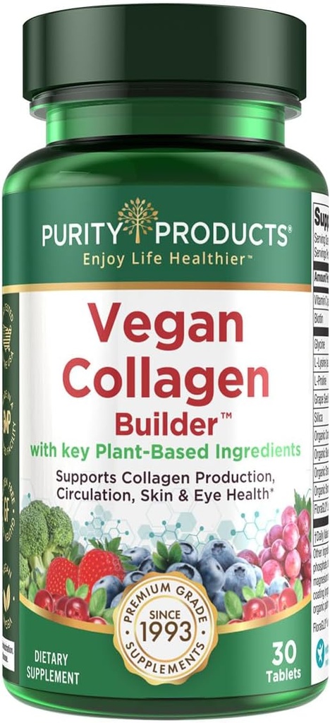 Vegan Collagen Builder - Organik Tüm Gıdalar Meyveler + Veg, Silica, Lutein, C vitamini, Biotin, Grape Tohum - Amino Asits Glycine, Lysine + Proline Collagen ATMs (30 hizmet, Tabletler)