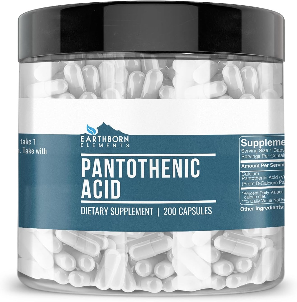 Earthborn Elements Pantothenic Acid 200 Capsules, Pure & Undiled, No Wordss