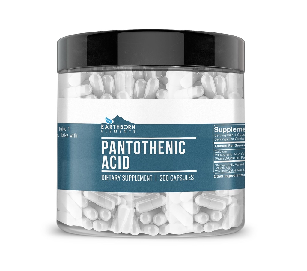 Earthborn Elements Pantothenic Acid 200 Capsules, Pure & Undiled, No Wordss