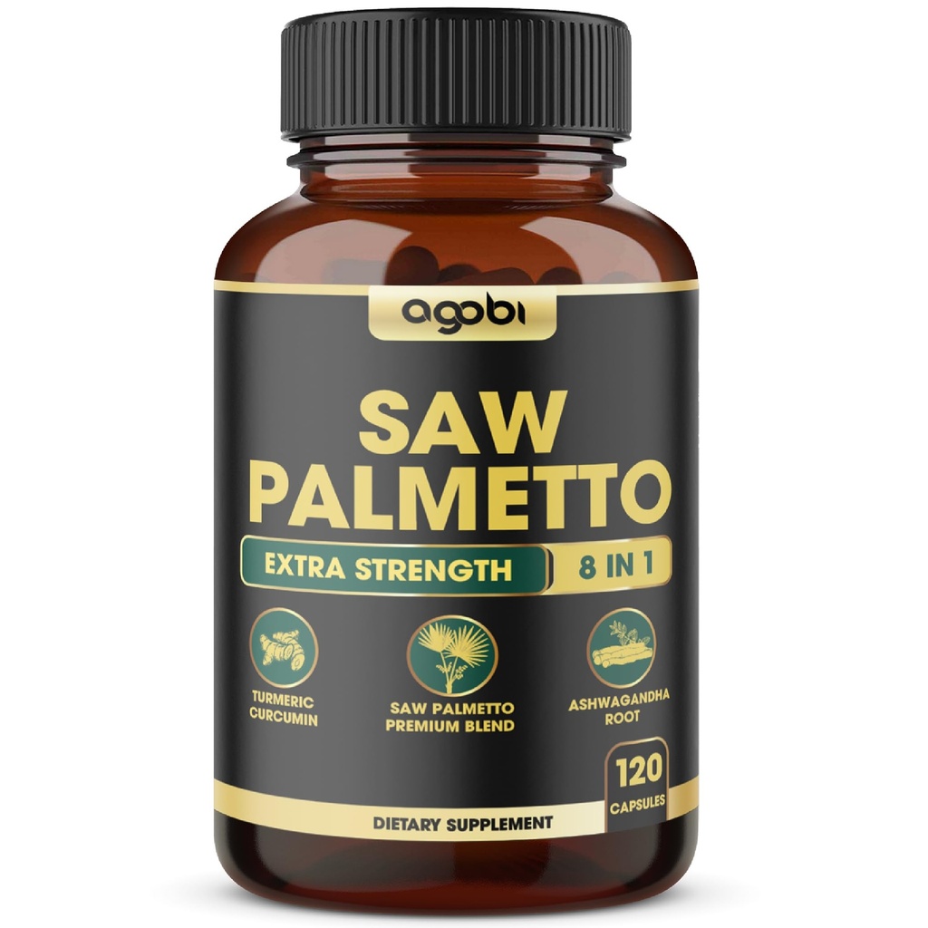 8in1 Saw Palmetto Prostate Support Supplement with Ashwagandha, Turmeric, Ginger, Nettle Leaf, Holy Basil & More - 120 Vegan Capsules for 2 Ay