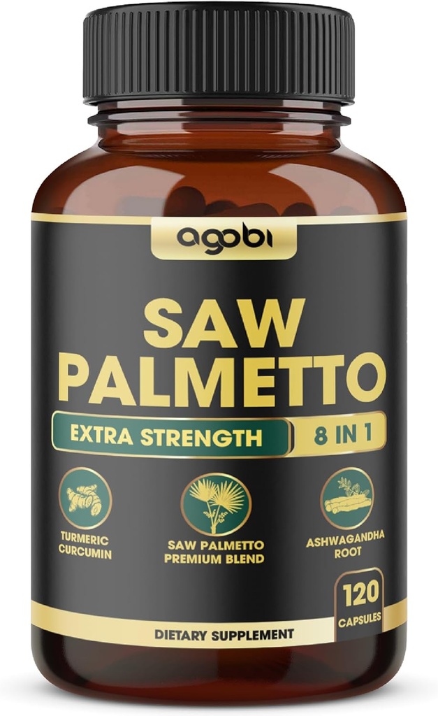 8in1 Saw Palmetto Prostate Support Supplement with Ashwagandha, Turmeric, Ginger, Nettle Leaf, Holy Basil & More - 120 Vegan Capsules for 2 Ay