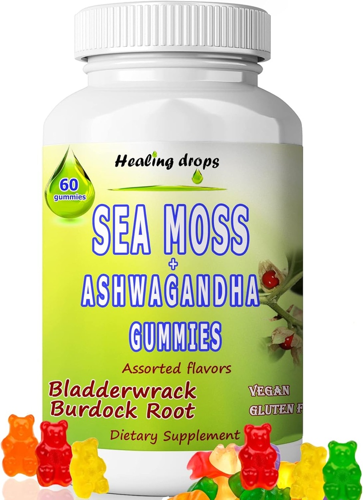 Sea Moss Gummies Ashwagandha with Bladderwrack Burdock Root, alkaline Keto Vegan Non-GMO Diyet, Süt ve Gluten Free - by healing Drops