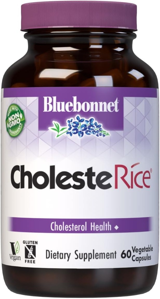 Bluebonnet Beslenme CholesteRice Sebze Capsules, Red Yeast Rice, Plant Sterols, Pantethine, CoQ10, Policosanol, Vegan, Vegetarian, Non GMO, Gluten Free, Milk Free, SOY-FREE, 60 Sebze Capsules