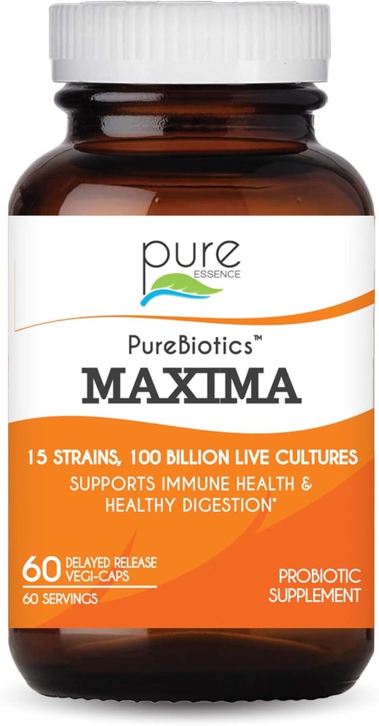 PURE ESSENCE LABS Maxima Probiyotiks 100 Milyar CFU - Erkekler ve Kadınlar Daha İyi Digestion için Probiyotik Supplement - Immune Support ve Digestive Health (60 Capsules) için 15 Strains
