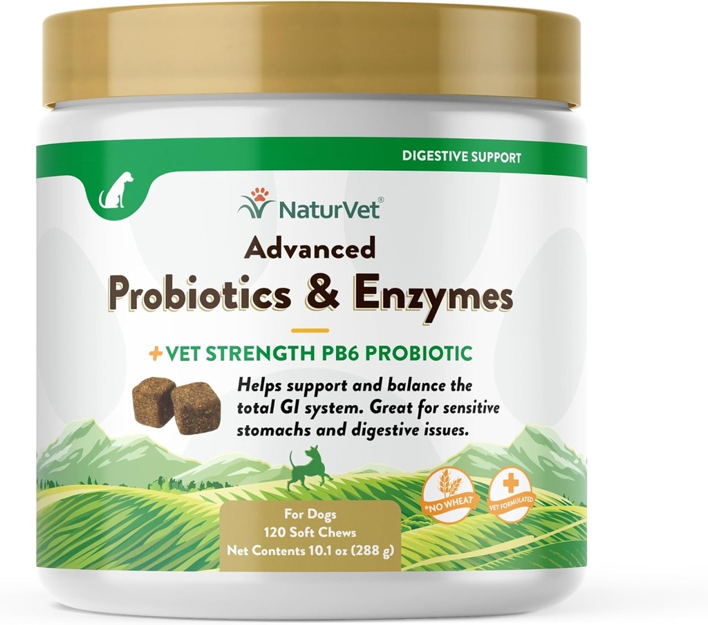 NaturVet Advanced Probiotics & Enzymes, PB6 Dog Soft Chews to Help Sensitive Stomachs and Digestive Issues, Hickory Smoke Bacon Flavored Pet Supplement for Dogs Πάνω από 6 εβδομάδες, 120 Count Jar