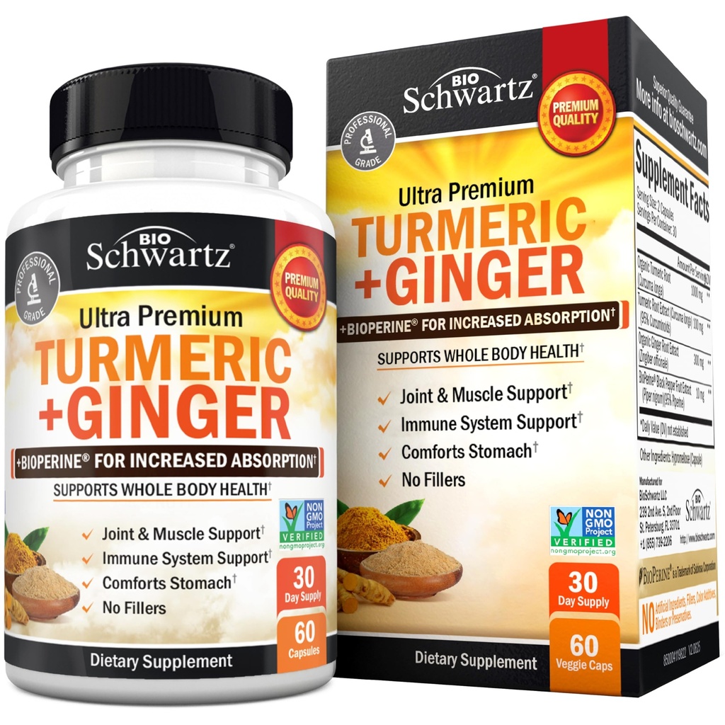 Turmeric Curcumin and Ginger συμπλήρωμα - 95% Standardized Curcuminoids with BioPerine Black Pepper Extract for Ultra High Absorvation - Φυσικό συμπλήρωμα κοινής υποστήριξης - Χωρίς γλουτένη - 60 κάψουλες