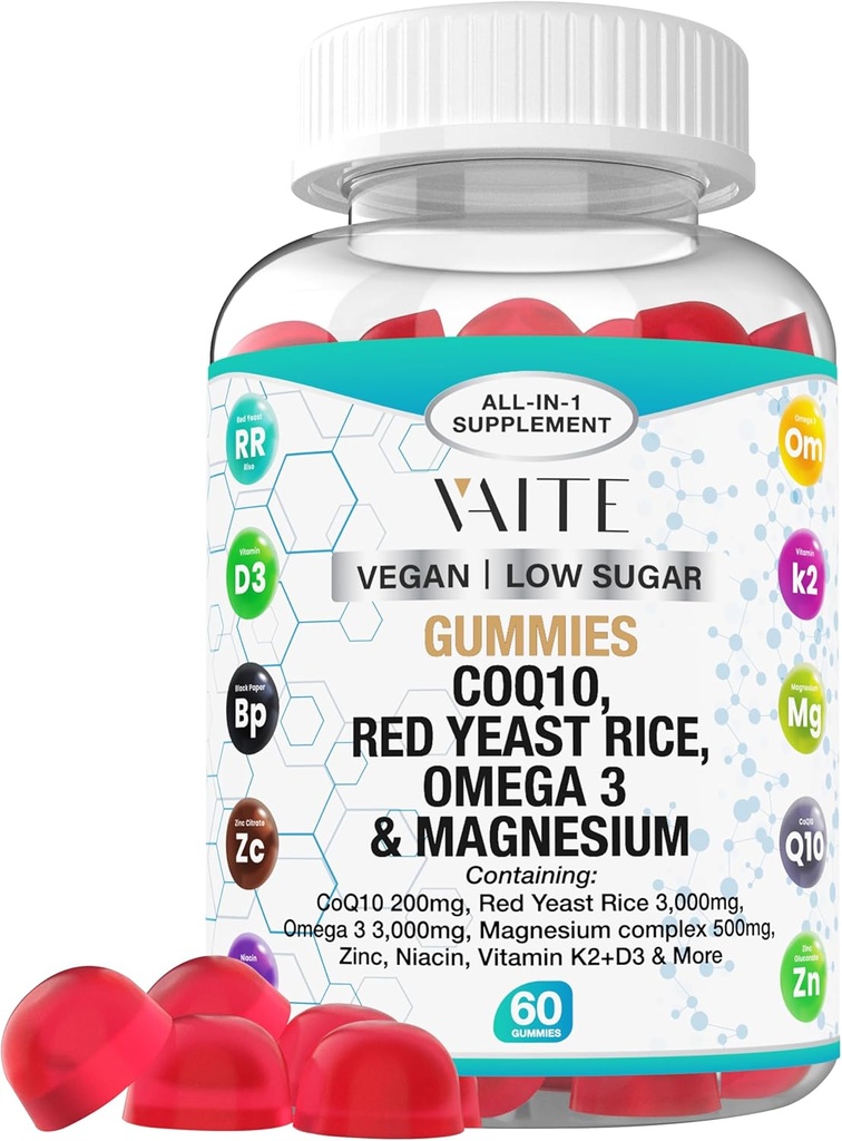 Red Yeast Rice & Magnezyum Glycinate ile 200 mg Gummies – Omega-3, çinko ve genel Sağlık için K2+D3 – Yetişkinler için Tamamlar – 60 Chewable Gummies