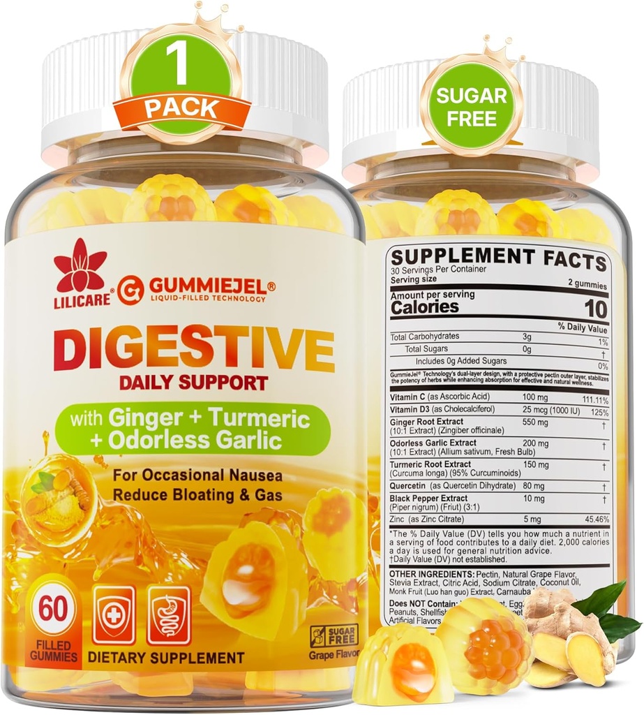 Ginger Chews Gummies for Nausea & Digestive Support, Stomach Relief - Sugar Free with Turmeric & Odorless Qu, Quercetin, Vitamin D3, C, Delicious Digestive Supplements, 60Cts (Paket)