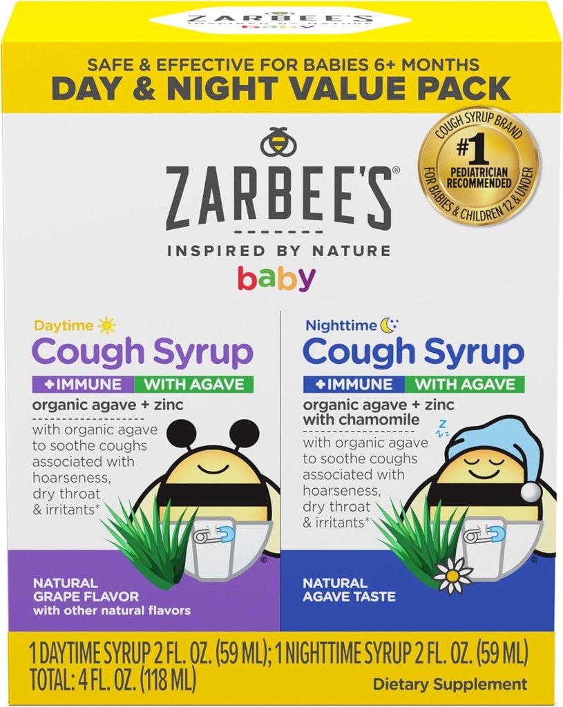 Zarbee's Baby Day & Night Cough Medicine & Syrup Value Pack with Organic Agave + çinko for Immune Support, Natural Grape Daytime & Chamomile Nighttime, Baby Cough Medicine, 2 x 2 fl oz