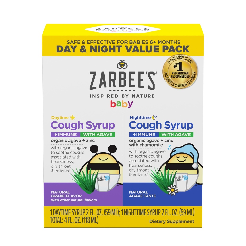 Zarbee's Baby Day & Night Cough Medicine & Syrup Value Pack with Organic Agave + Ψευδάργυρος για την υποστήριξη του ανοσοποιητικού, Natural Grape Daytime & Chamomile Nighttime, Baby Cough Medicine, 2 x 2 fl oz