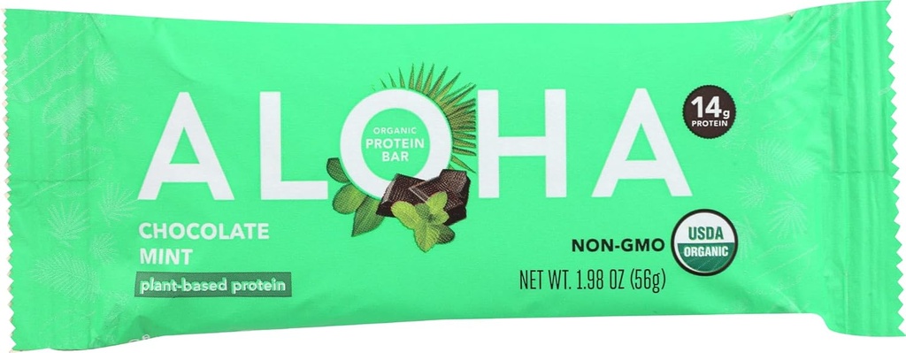 Aloha Organic Chocolate Mint Protein Bars, 14g Plant Based Protein, USDA Certified Organic, Gluten Free & Non-GMO, 56 Gm (Pack of 12)