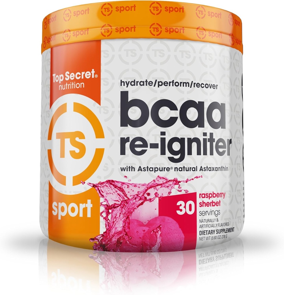 Top Secret Beslenme BCAA Re-Igniter Vegan Amino Asit Supplement with Astaxanthin and Electrolyte, Hydration Mix with Coconut water, 9.80 oz (30 hizmet) Raspberry Sherbet