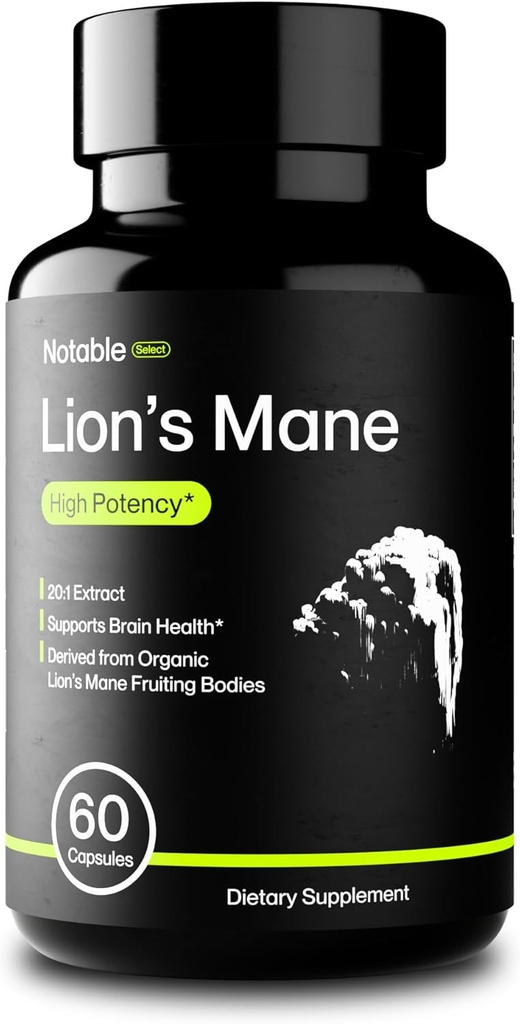 Notable Select Lion's Mane Mushroom Supplement | 20:1 Extract | Premium Cognitive Support | Organic | Lab-Tested | Pure Ingredients (1 Bottle / 1-Month Supply)