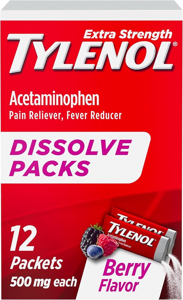 Tylenol Extra Strength Dissolve Packs, 500 mg Acetaminophen Pain Reliever & Fever Reducer, On-The- Go Powder Packets για μικρούς πόνους & πόνους, Ibuprofen- & Aspirin- Free, Berry Flavor, 12 ct
