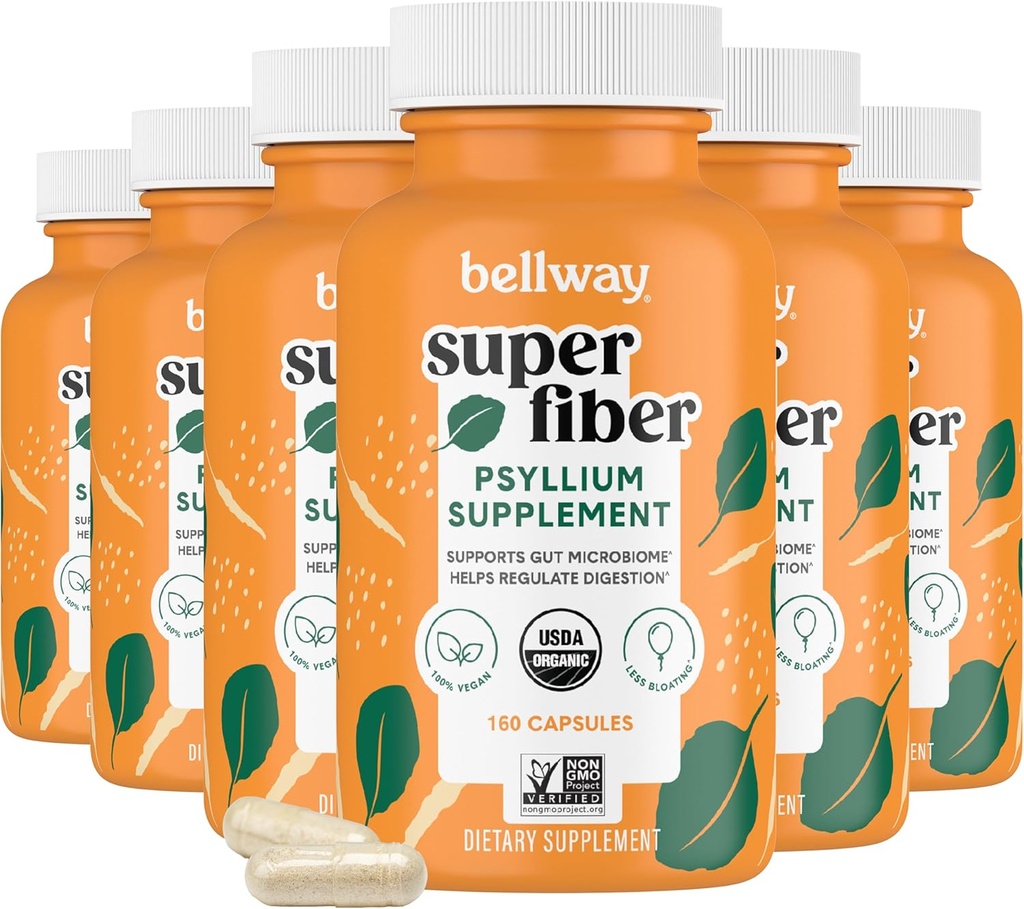 Bellway Super Fiber Capsules (6 Pack) - USDA Organik Psyllium Husk Capsules - Günlük Psyllium Husk Fiber Supplement for Digestive Health and Regularity, Plant Based, Non-GMO, Kosher - 960 Capsules