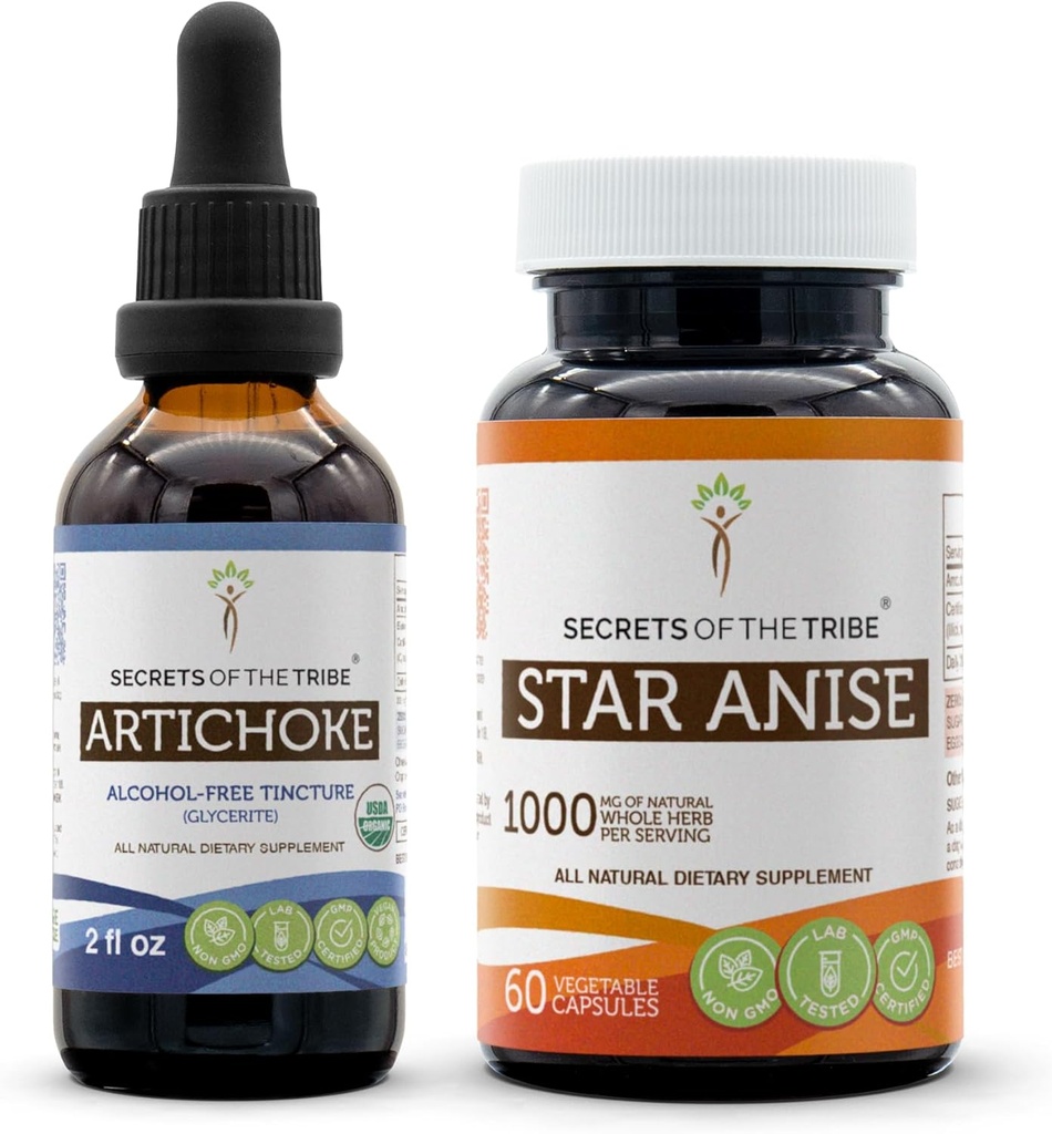 Artichoke USDA Organik ve Star Anise Capsules (2.) | Alkol Özgür Organik Artichoke (Cynara scolymus) 2 oz ve 1000 mg Star Anise (Illicium verum) Tohum (60 Capsules)