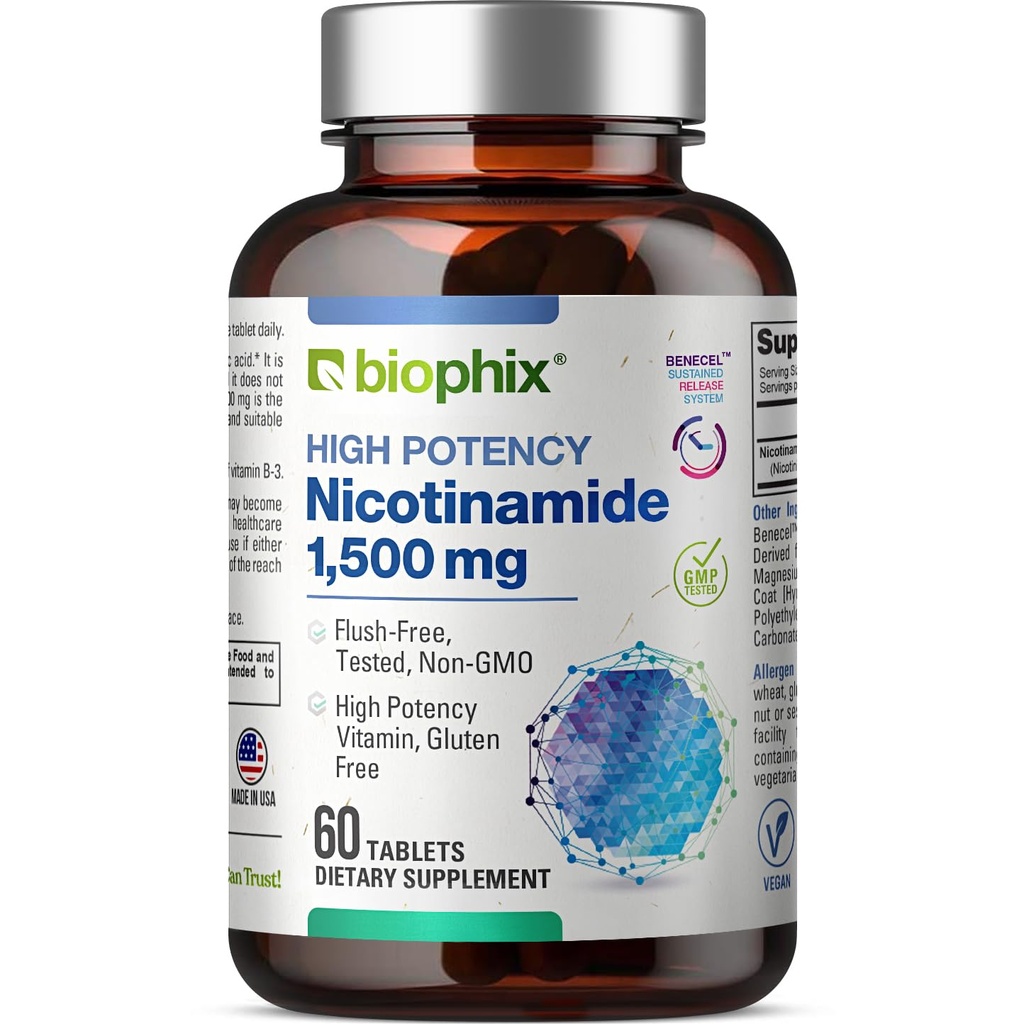 Biyophix B-3 Nicotinamid 1500 mg 60 Tabletler En Güçlü - Nicotinic Amide Niacin Natural Flush-Free Vitamin Formula - Destekler Skin Hücre Sağlığı