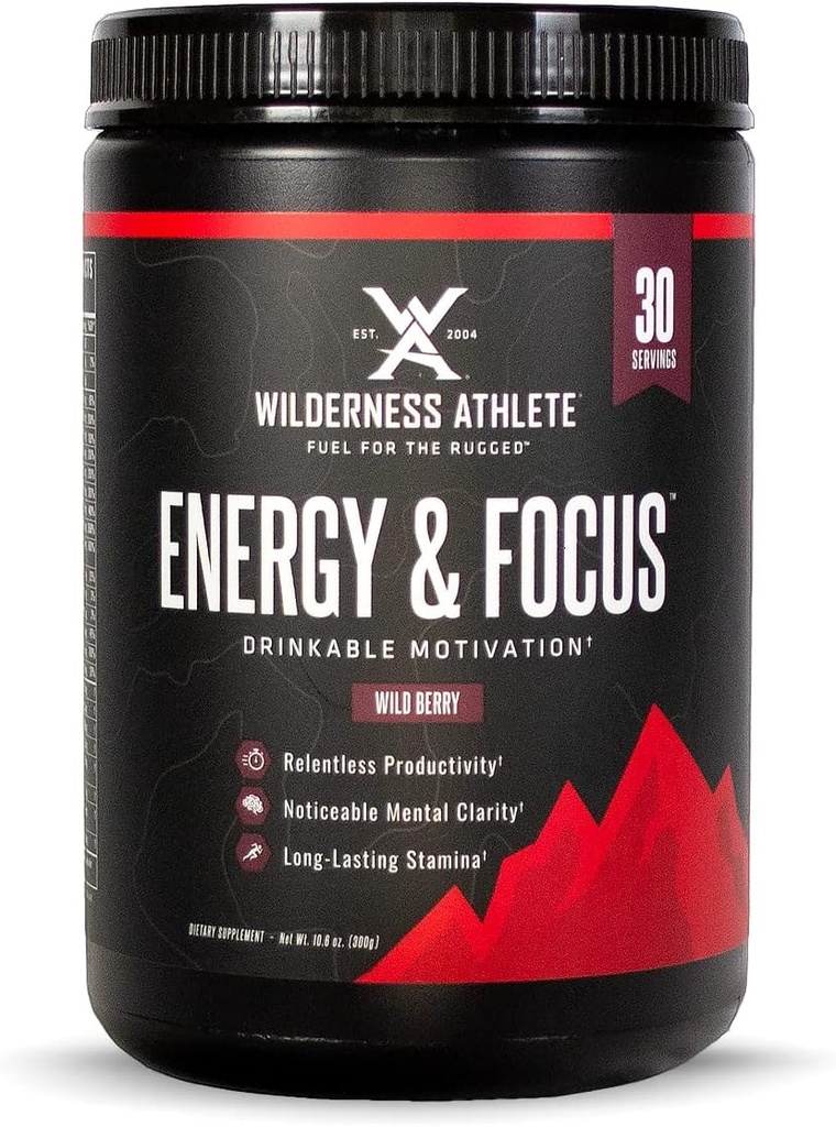Wilderness Athlete - Energy & Focus | Energy Pre Workout for Women & Men - Energy Toz İçecek Mix with Natural Caffeine - Low-Carb, Zero Sugar Workout Toz - 30 Hizmet Tub (Wild Berry)