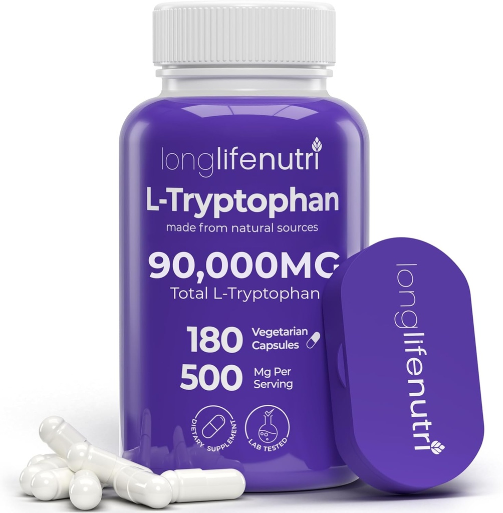 L-Tryptophan 500 mg – 180 Vegetarian Capsules, 6-Month Supply, Sleep Aid ve Mood Stability için, Lab Tested, ABD'de Yapıldı, Non-GMOMOMO