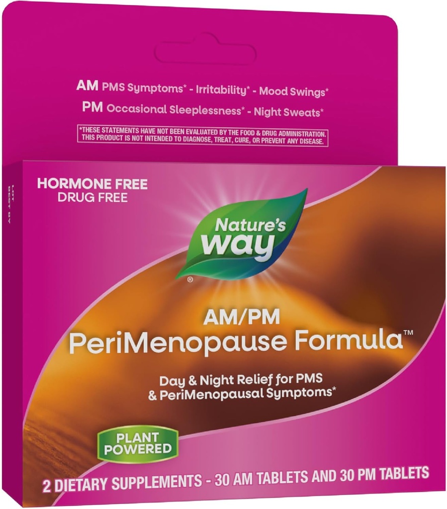 Nature's Way AM/PM PeriMenopause Formula, Perimenopause και PMS Symptom Support*, Hormone-free, Hot Flashes*, PMS Συμπτώματα*, Restful Sleep*, 30 AM & 30 PM Tablets (Packaging May Vary)