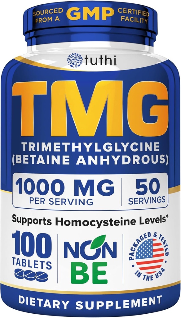 Tuthi TMG Supplement - 1000 mg Tritilglycine - Betaine Deriiovascular Destek ve Sağlıklı Homocysteine Seviyeler - 100 Vegan Tablet - Gluten-Free, Non-GMO - ABD'de Made in USA