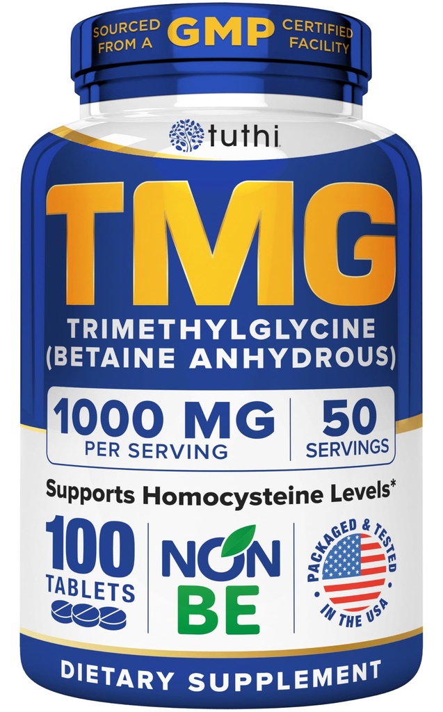 Tuthi TMG Supplement - 1000 mg Tritilglycine - Betaine Deriiovascular Destek ve Sağlıklı Homocysteine Seviyeler - 100 Vegan Tablet - Gluten-Free, Non-GMO - ABD'de Made in USA