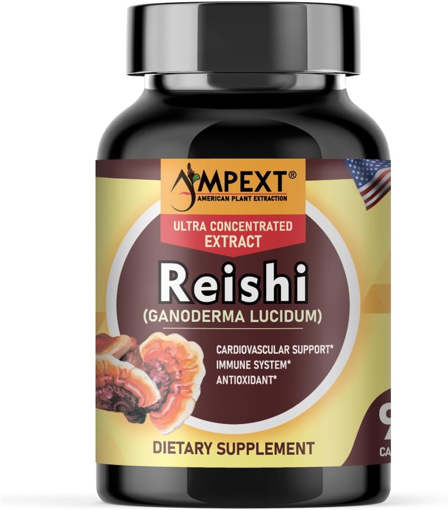 Reishi Mushroom Extract - Premium Quality, Only Fruiting Bodies, Antioksi, Pmonotes Longevity, Immunity Alert, Energy & Vitality, Takes Fatigue, 90 Veg Caps.
