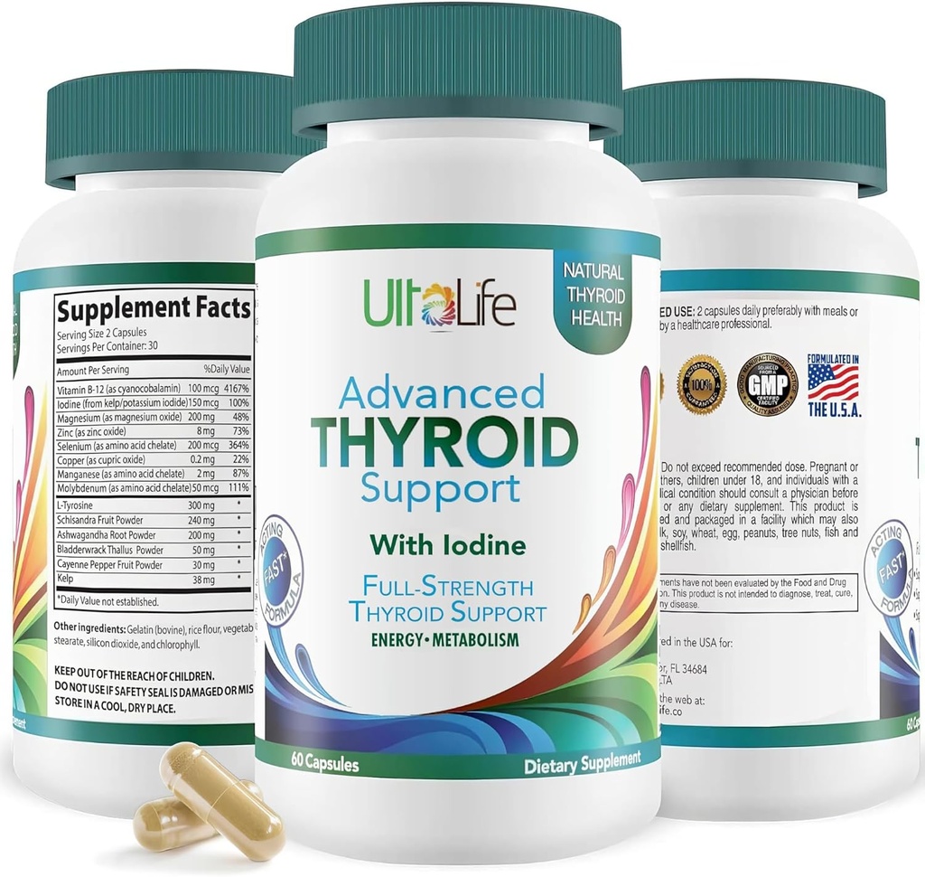 Günlük Tiroid Iodine Ashwagandha Vitamin B12 çinko ve Selenium Enerji Metabolism ve Focus 60 Capsules