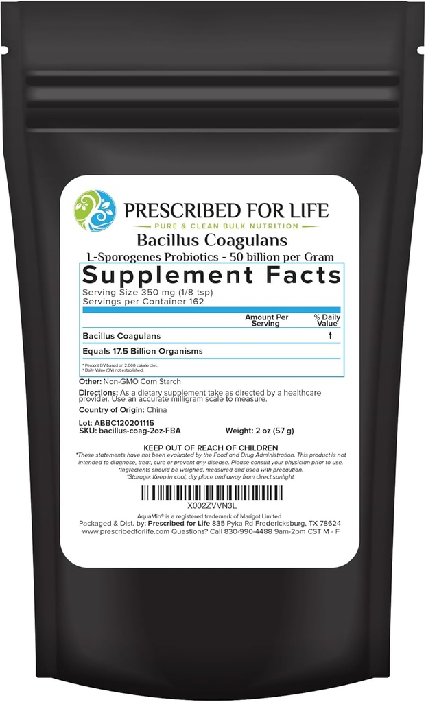 Prescribed For Life Bacillus Coagulans Powder, Lactobacillus Supplement for Gut Health Support, Temperature and Shelf Stable Probiotics, L. Sporogenes (50 Billion/Gram) (2oz / 56g)