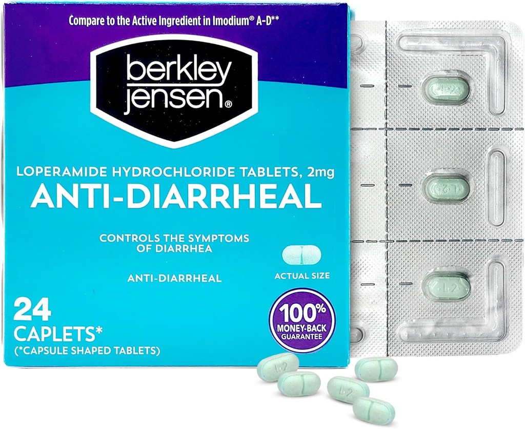 berkley jensen Anti-Diarrheal Medicine - Loperamide Hydrochloride 2 mg Diarrhea Relief Caplets - Control Symptoms of Diarrhea Including Travelers' Diarrhea, Easy-to-Swallow Anti-Diarrhea Pills, 24 Ct