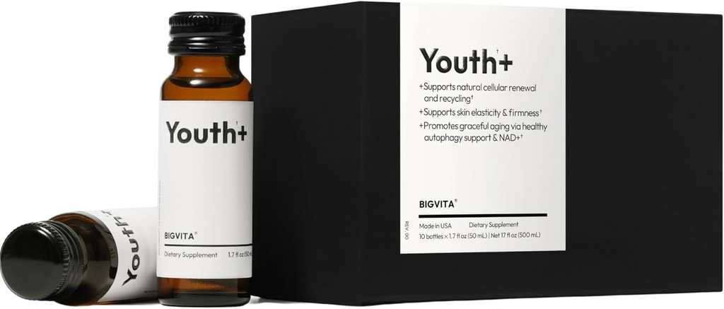 BIGVITA Youth+ | NAD+ Shots for Anti-Aging, Energy, Skin & Hair Health, Cognitive Support | Ready-to-Drink Supplement | Beauty from Within | Vegan, Made in USA