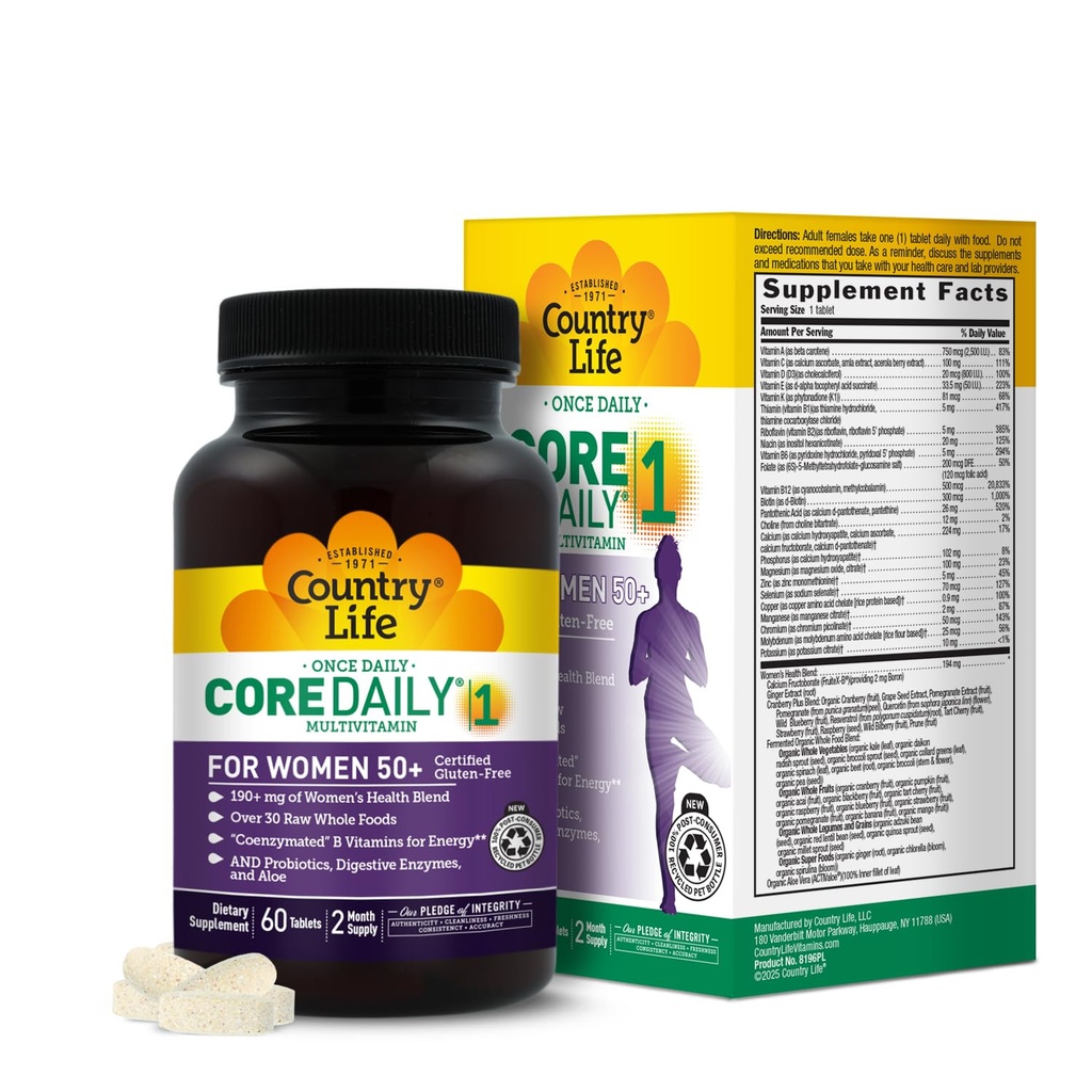 Country Life CORE Daily-1 for Women 50+ Multivitamin - Kadınlar için 50'den fazla formüle edildi, Kadın Sağlığı Toplantısı ile Günlük Beslenmeyi Tamamladı, Coenzymated B Vitamins, Probiyotikler ve Digestive Enzymes