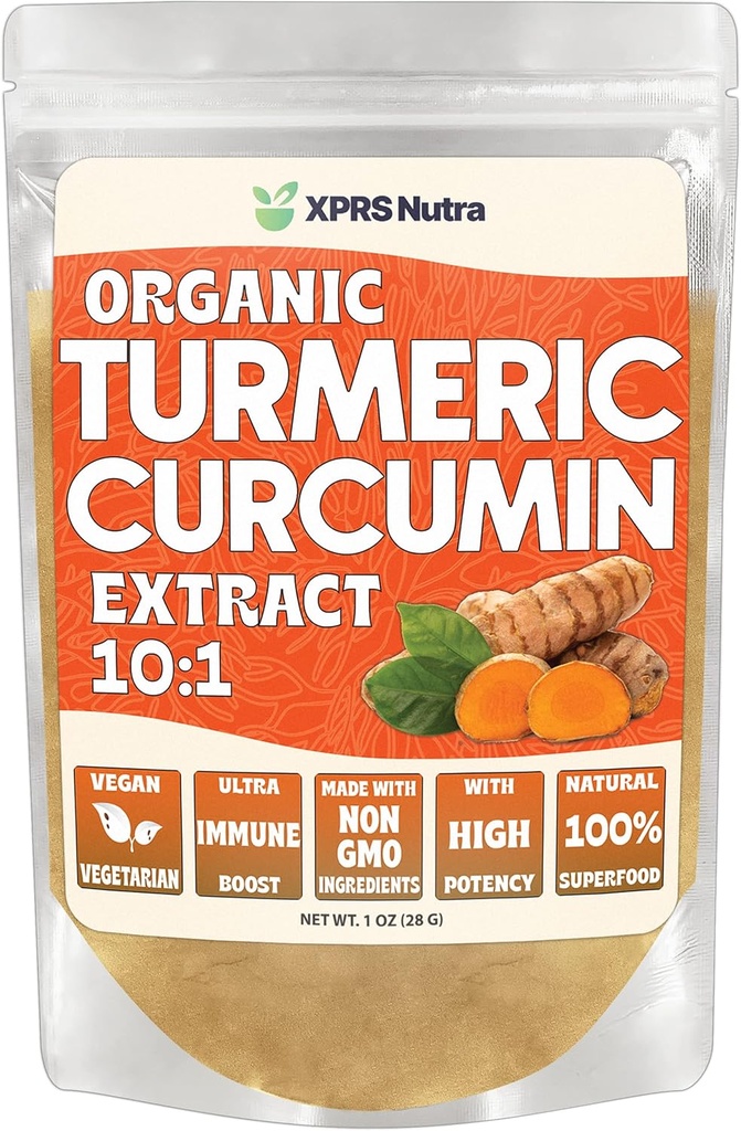 XPRS Nutra Organik Turmeric Curcumin Toz 10:1 - Premium USDA Organik Curcumin Tozu Immunity - Vegan Dostu Pure Curcumin for Gut Health (1 Ounce)